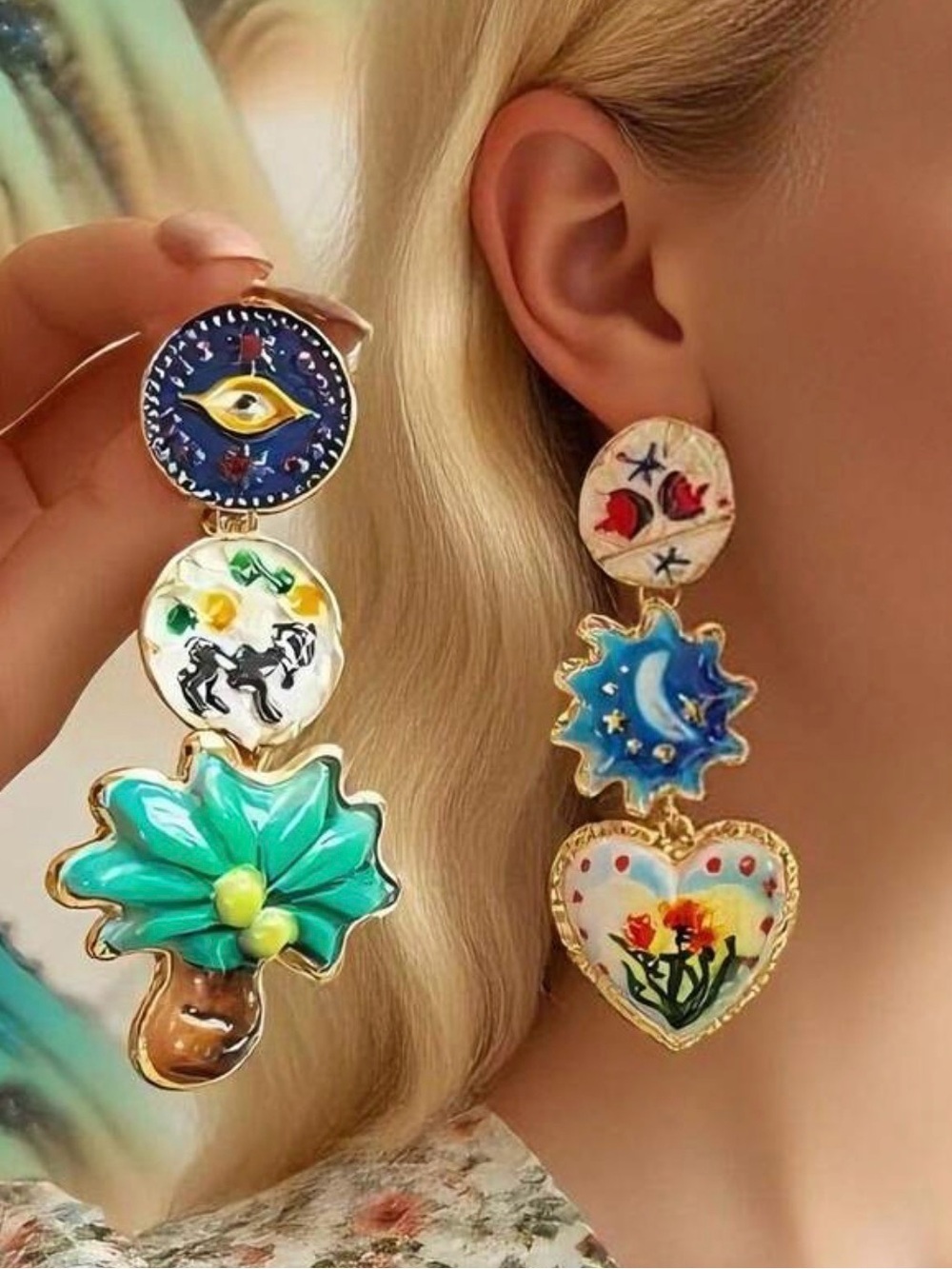 Whimsical Artistic Statement Drop Earrings – Celestial & Floral Design